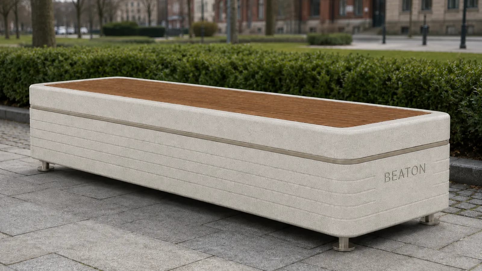Liora Pure Bench — in context — off-white concrete + iroko