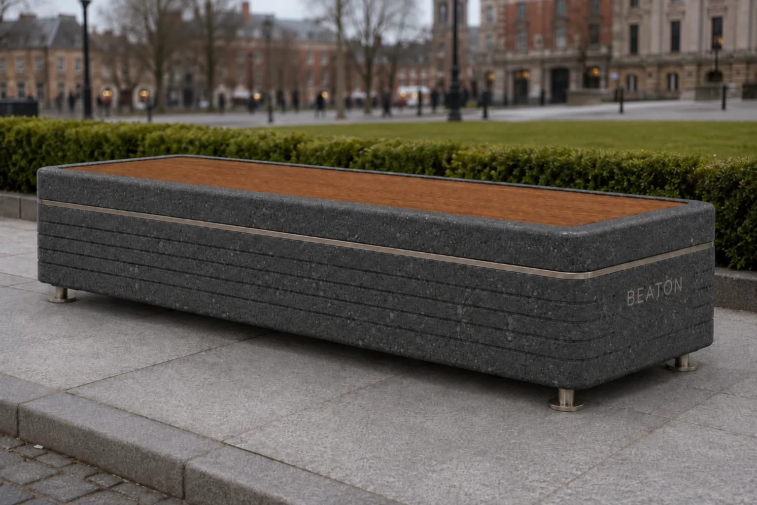 Liora Pure Bench — in context — basalt concrete + sapelli