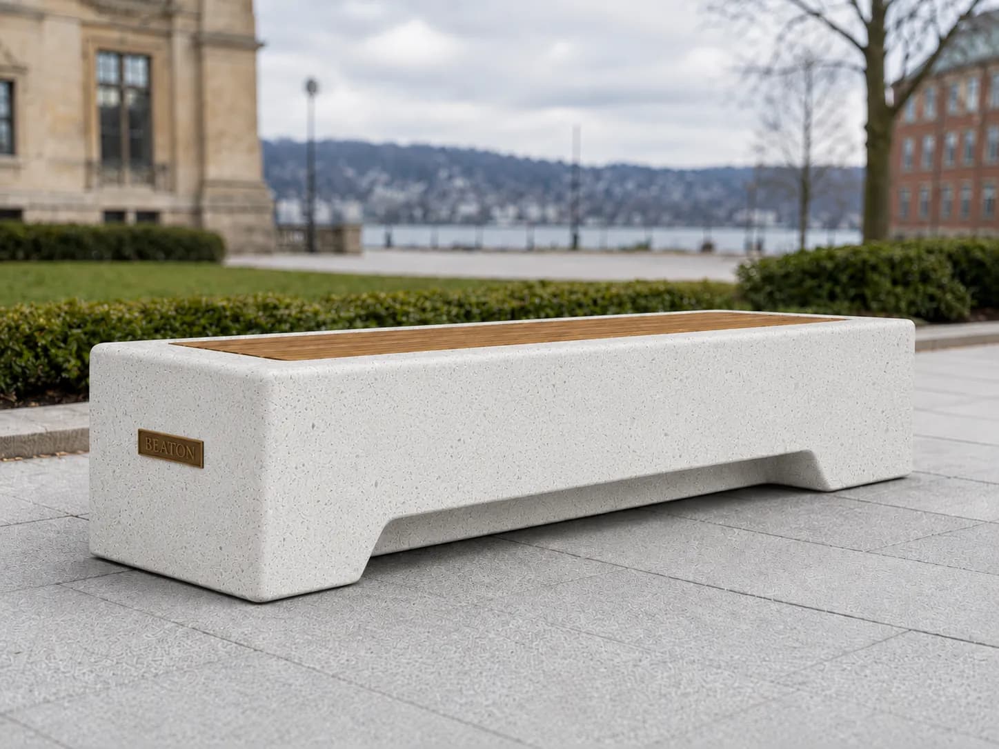 Caven Line Bench — in context — off-white concrete + iroko