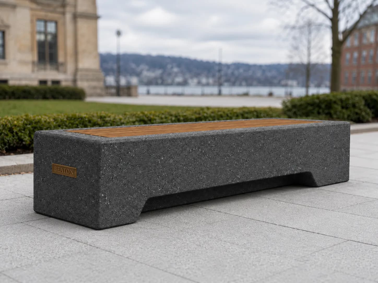 Caven Line Bench — in context — basalt concrete + sapelli