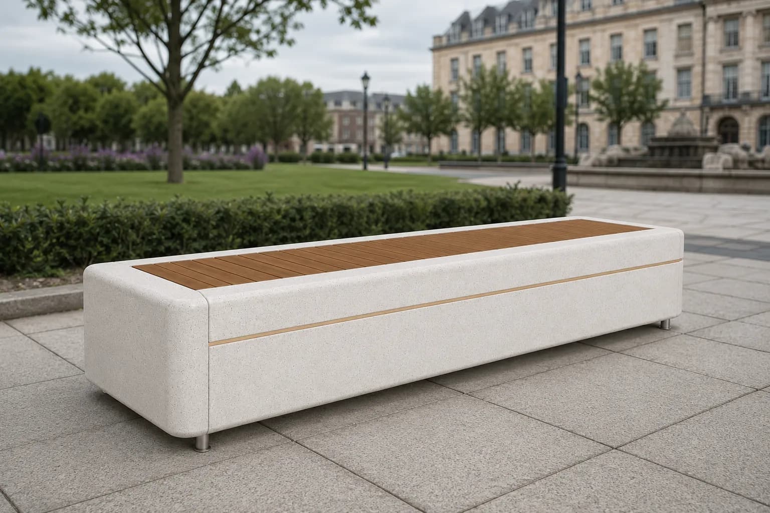 Caven Pure Bench — in context — off-white concrete + iroko