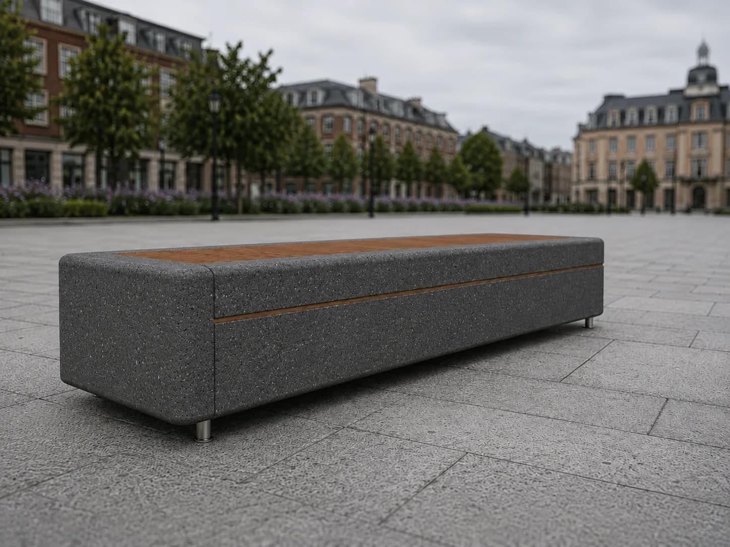 Caven Pure Bench — in context — basalt concrete + sapelli