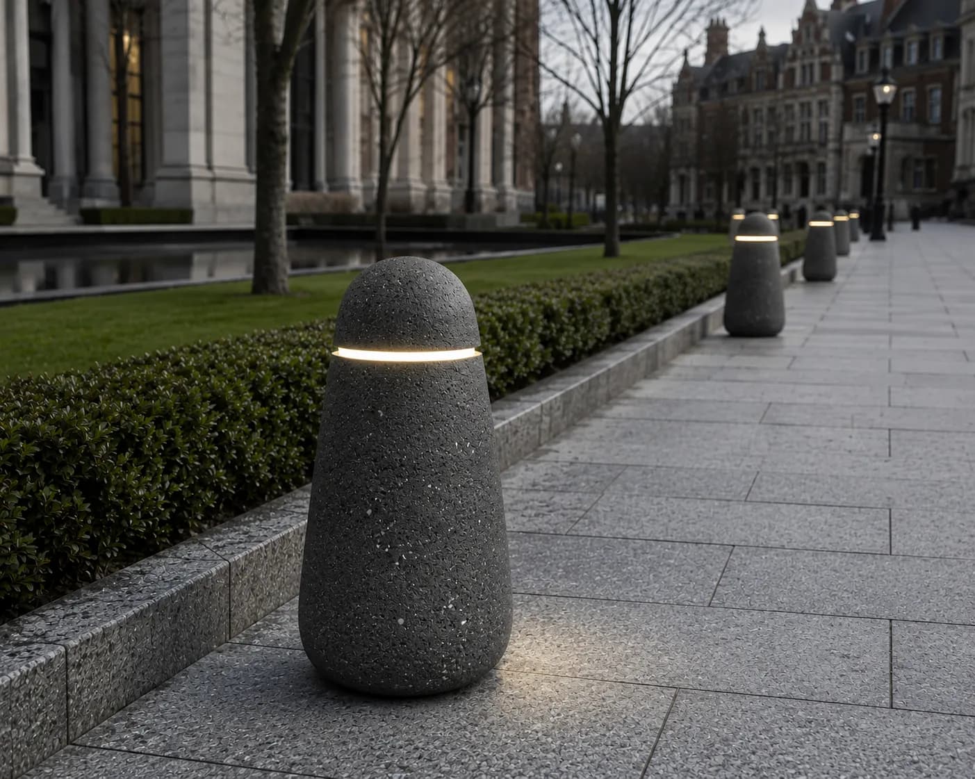 Lıvora Glide Bench — in context — basalt concrete + sapelli