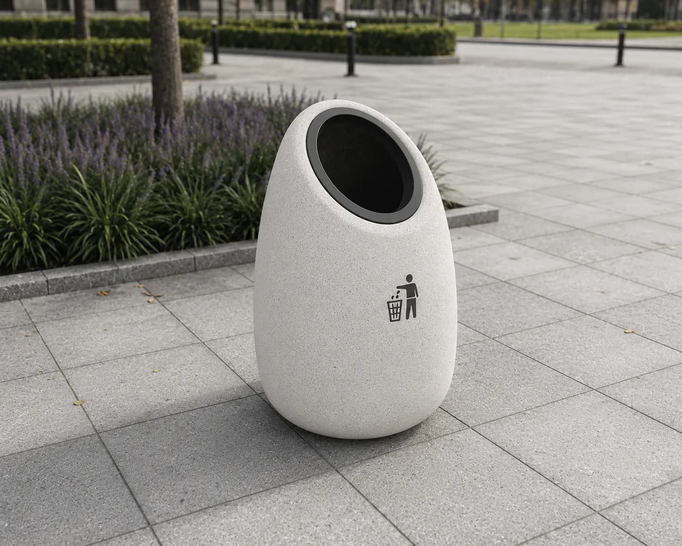 Veyra Litter Bin — in context — off-white concrete + iroko