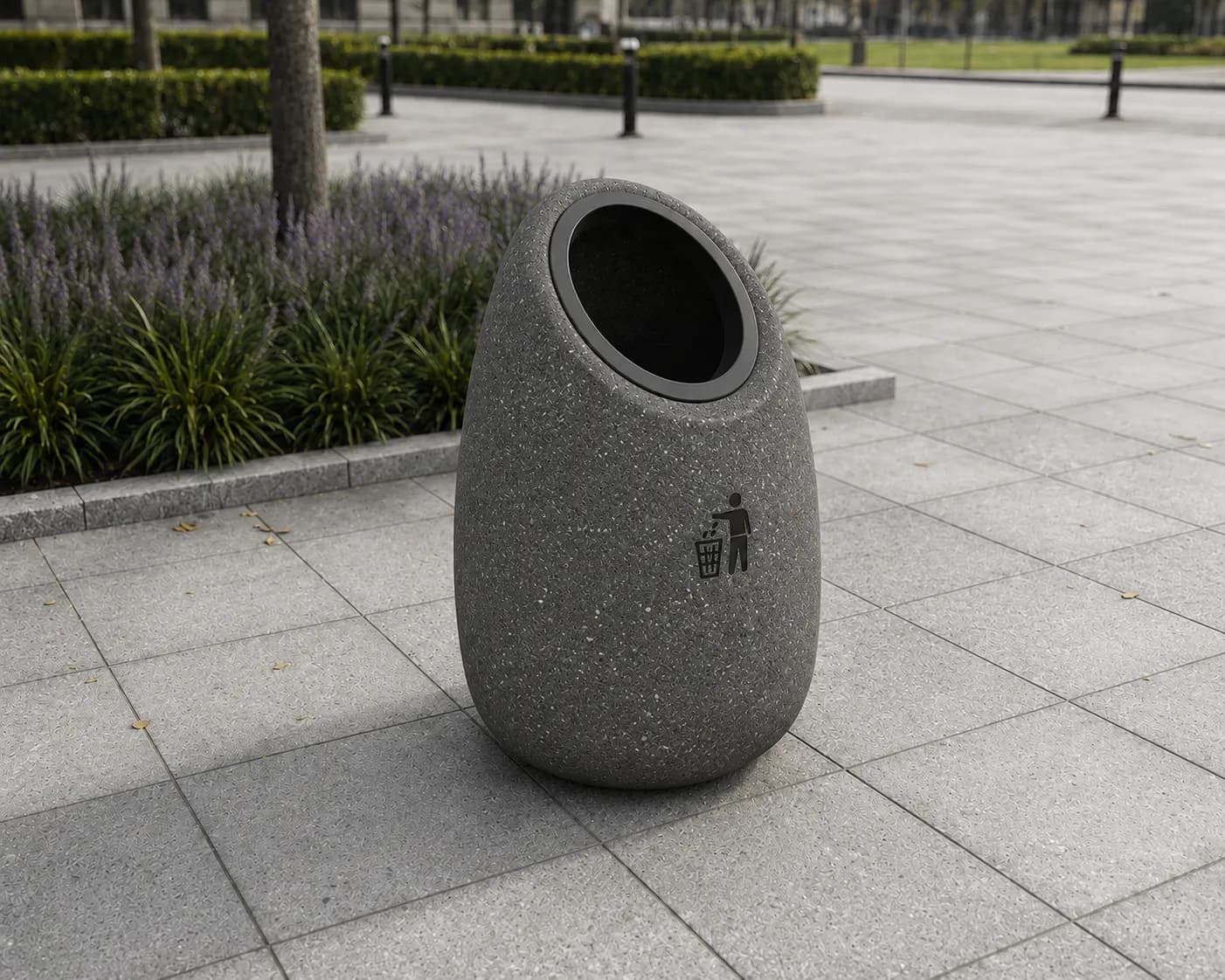 Veyra Litter Bin — in context — basalt concrete + sapelli