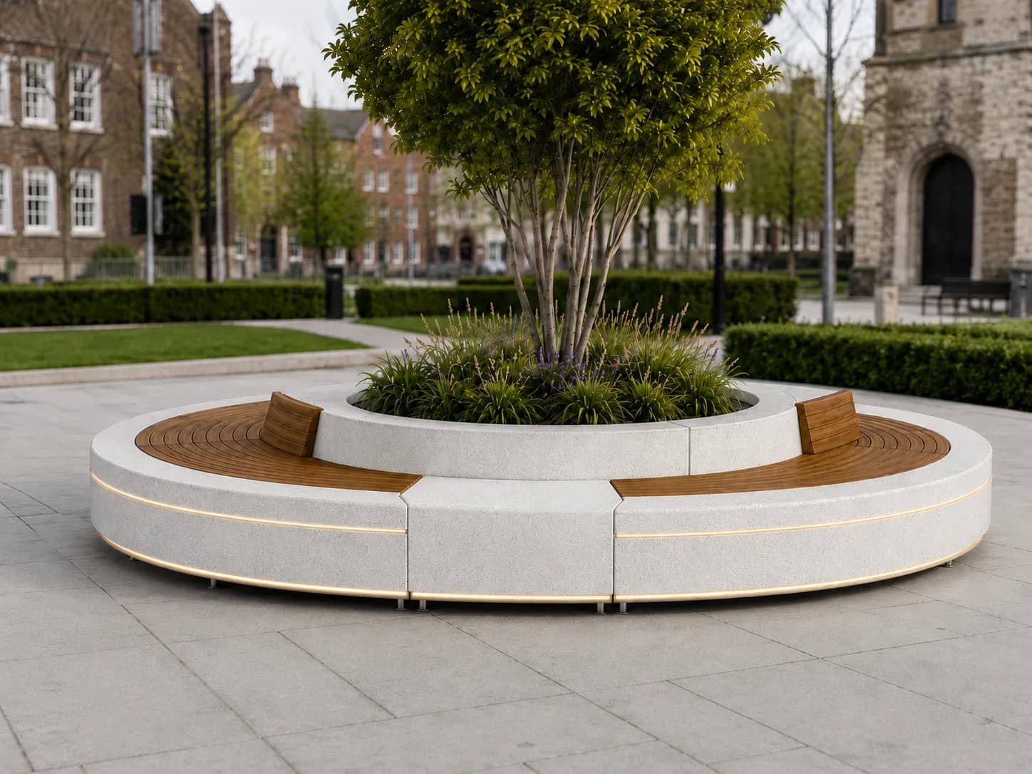 Halo Lounge Tree Bench — in context — off-white concrete + iroko