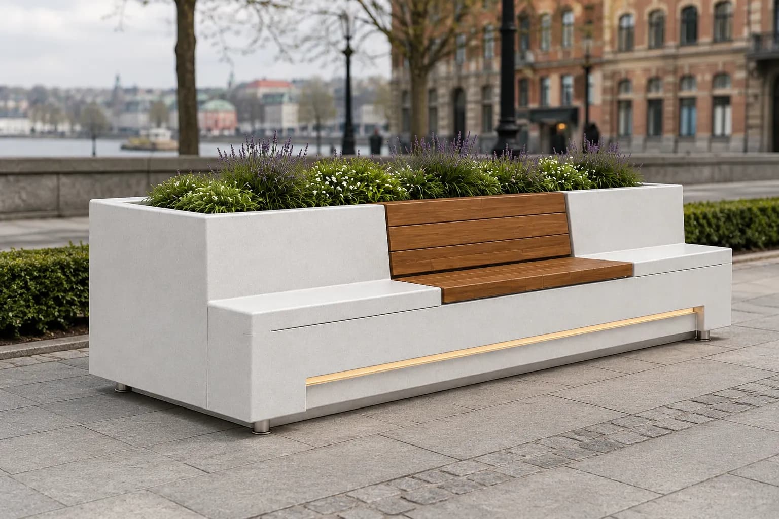 Caven Rest Planter Seating Unit — in context — off-white concrete + iroko