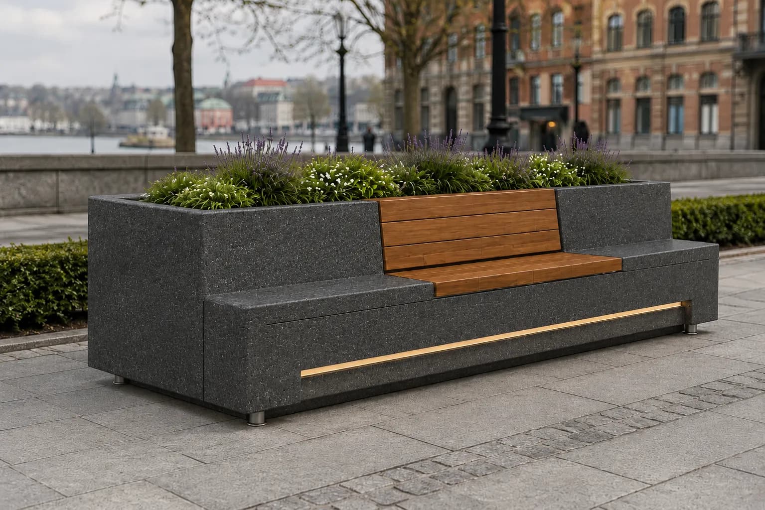 Caven Rest Planter Seating Unit — in context — basalt concrete + sapelli