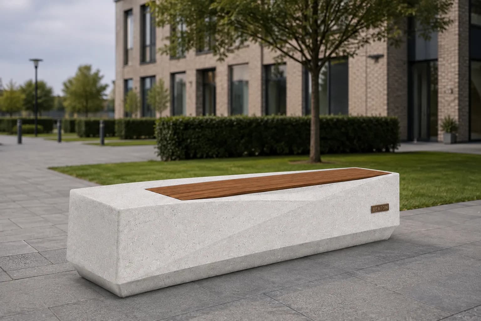 Belvar Bench — in context — off-white concrete + iroko