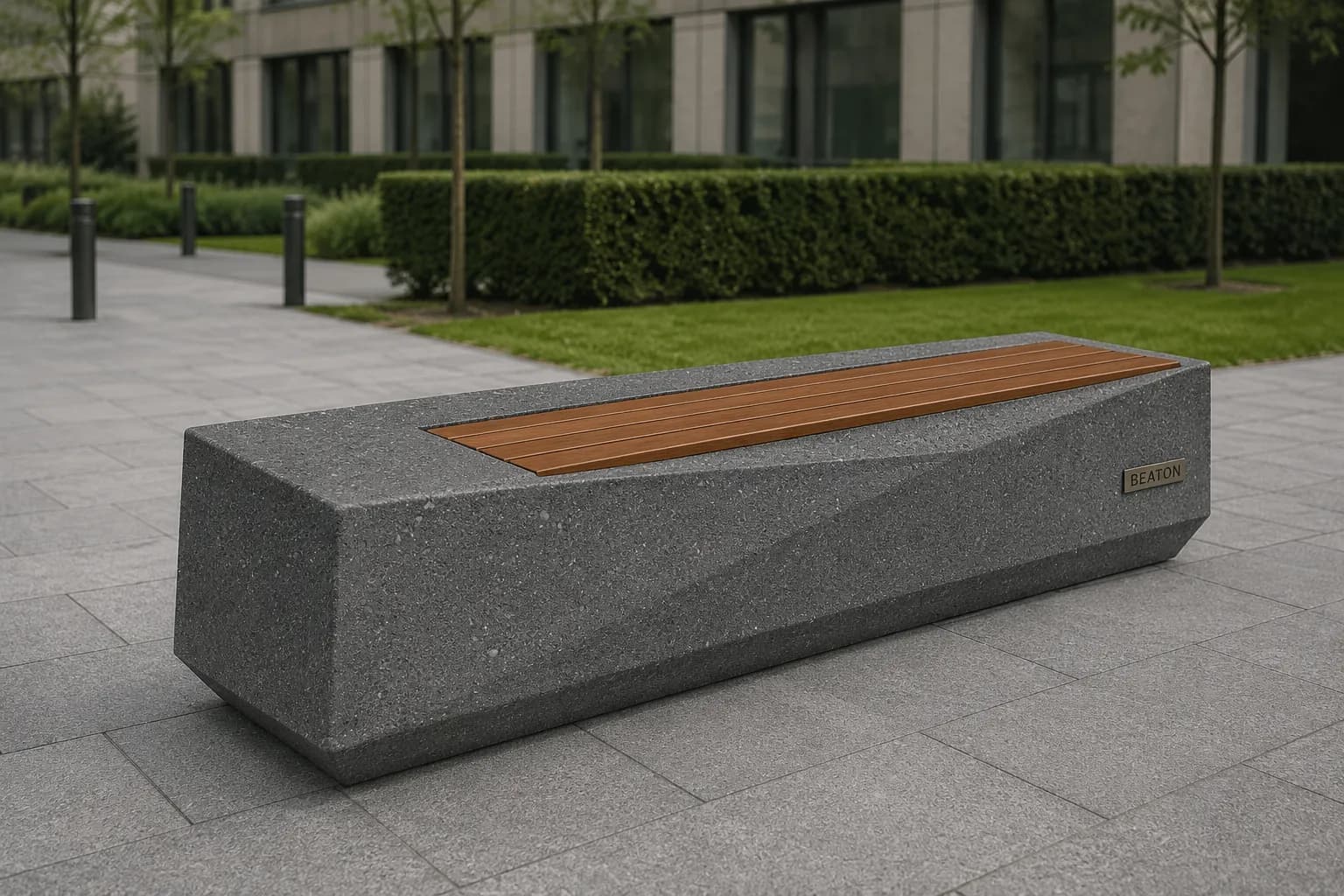 Belvar Bench — in context — basalt concrete + sapelli