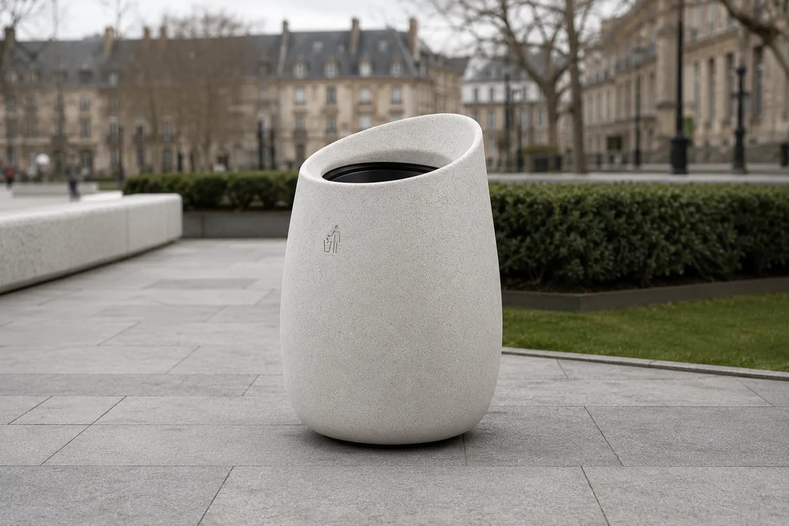 Stay Litter Bin — in context — off-white concrete + iroko
