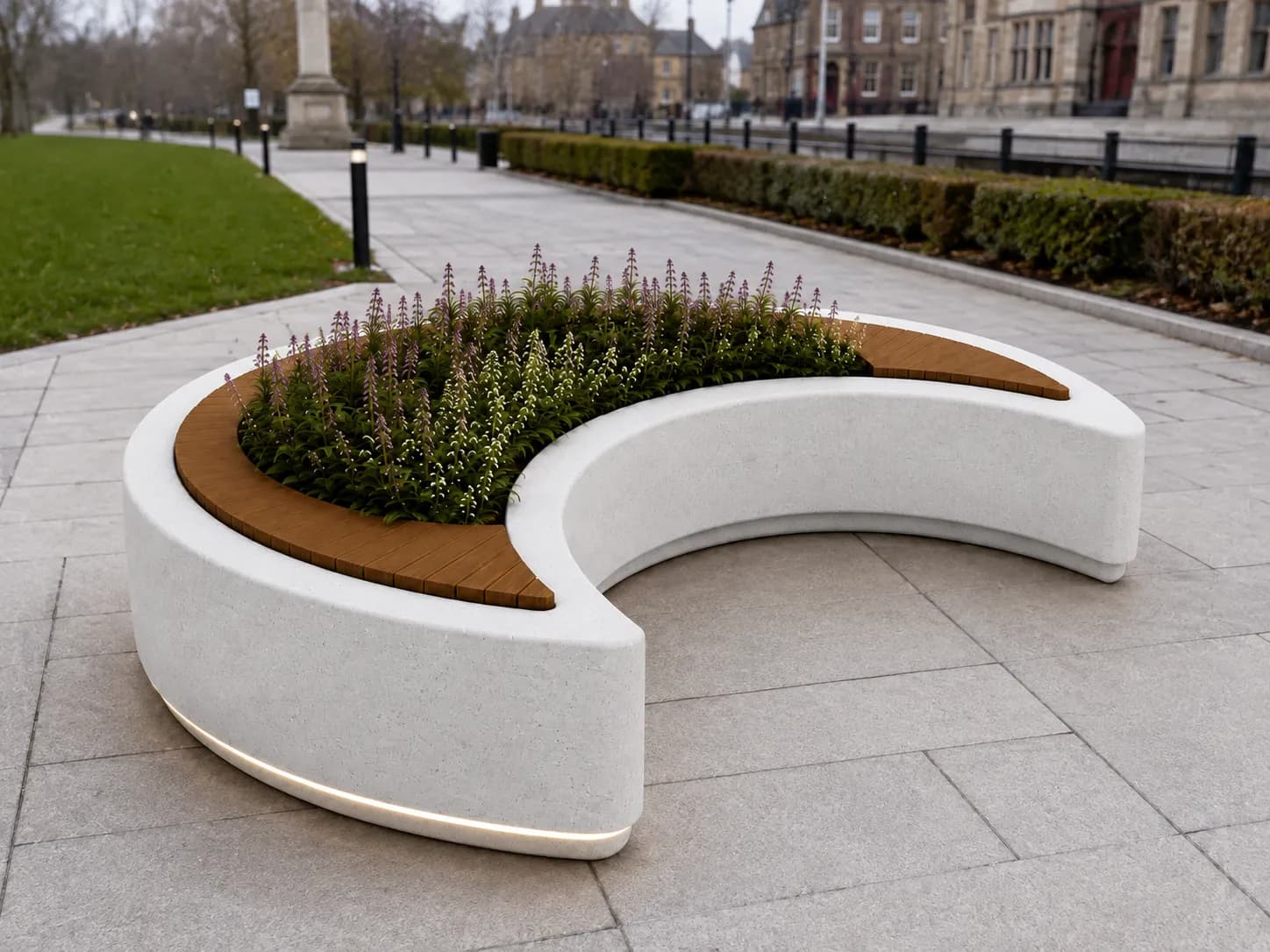 CRESA Planter Seating Unit — in context — off-white concrete + iroko