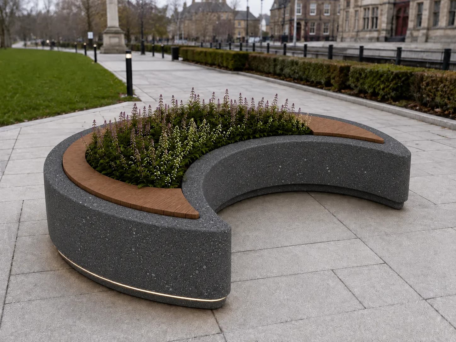 CRESA Planter Seating Unit — in context — basalt concrete + sapelli