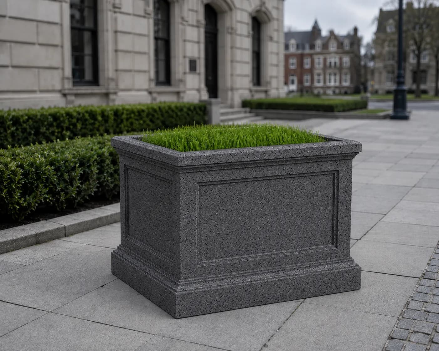 Montea Planter — in context — basalt concrete + sapelli