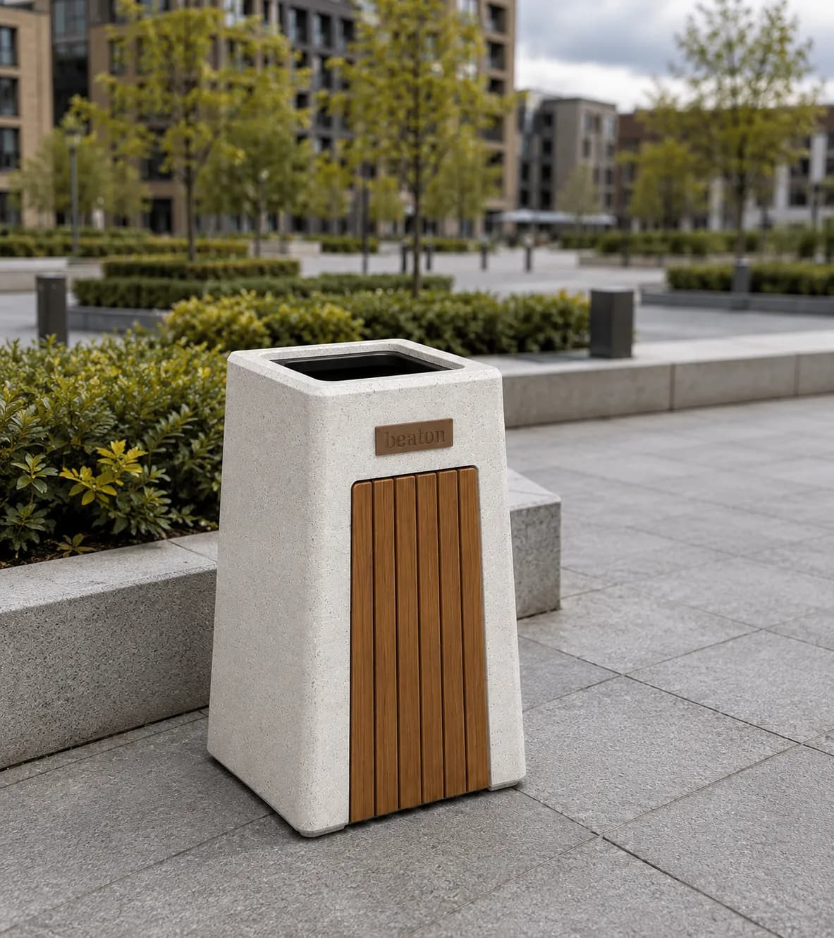 Caven Bin — in context — off-white concrete + iroko