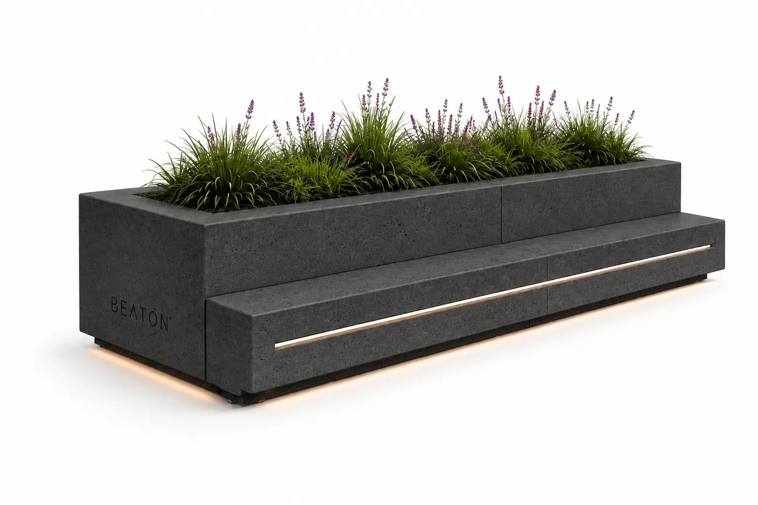 Caven Rest Planter Seating Unit — 3/4 perspective — off-white concrete + iroko