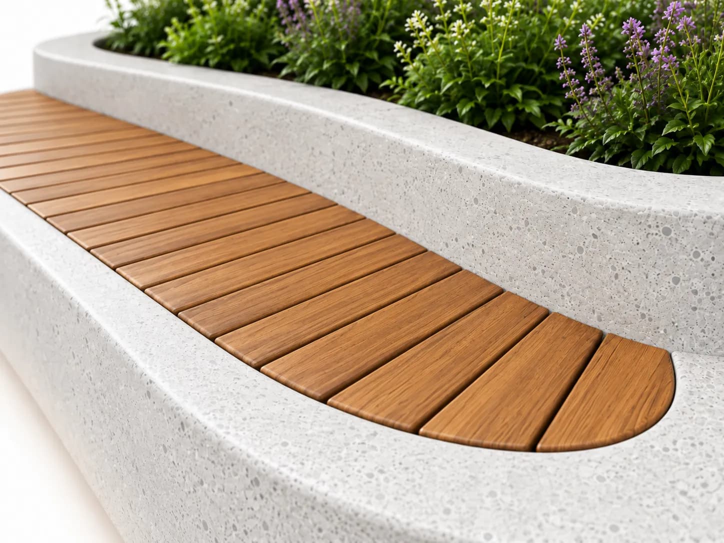SYLVA Planter Seating Unit — detail close-up — off-white concrete + iroko